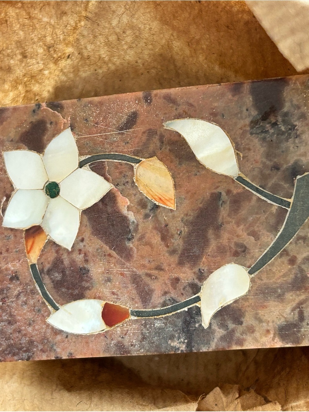 4/$100 trinket Inlaid Floral Stone Box Top in Brown and Cream
